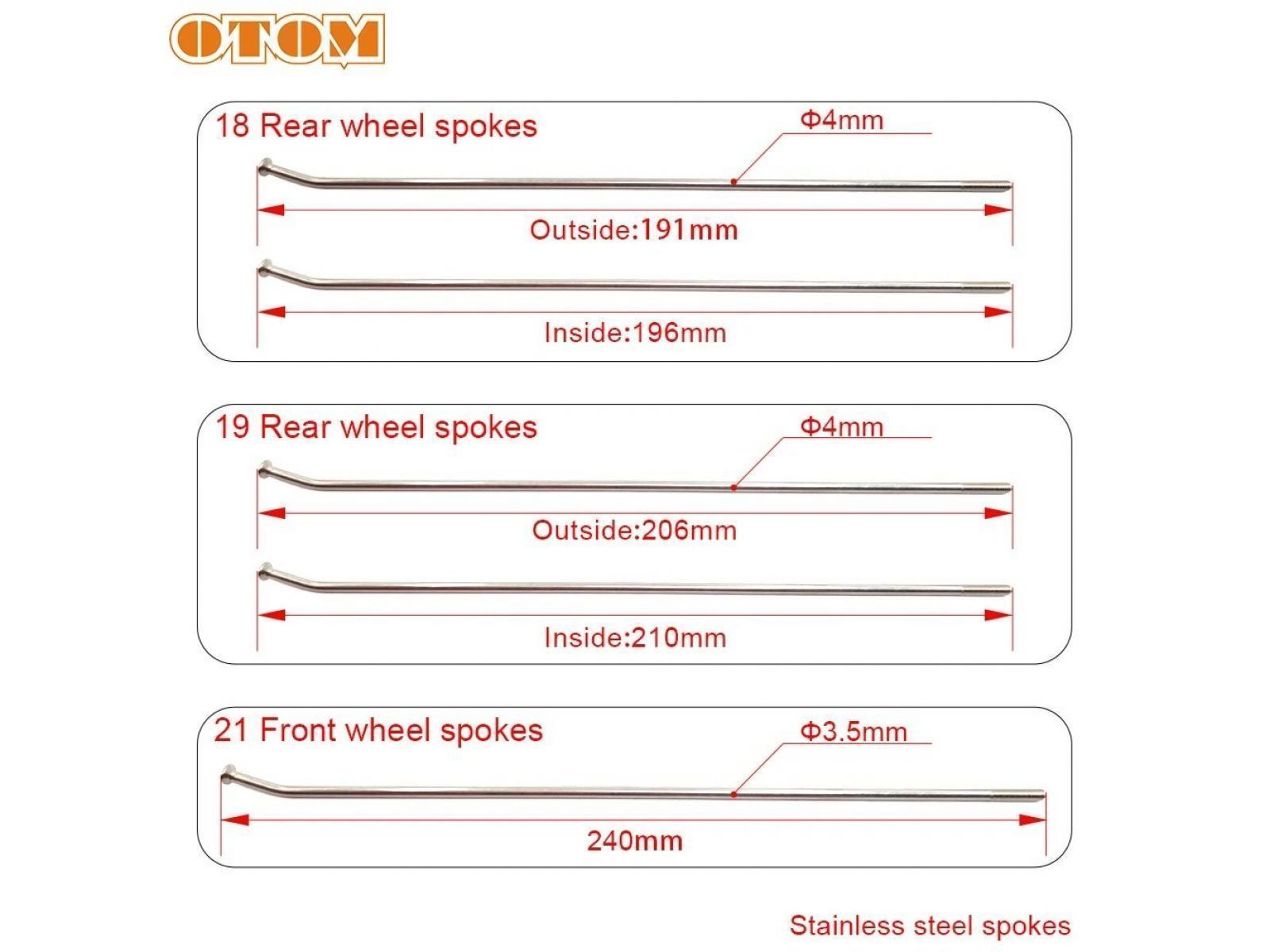 Комплект спиц 18` нерж спицы + красн алюм. ниппели  191/196мм, 4мм, 32шт